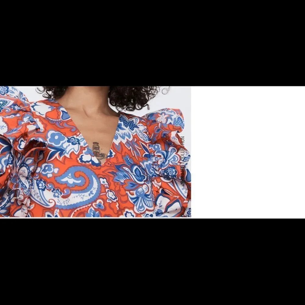NWT! ZARA blue/red floral print ruffled mini boho dress XS
